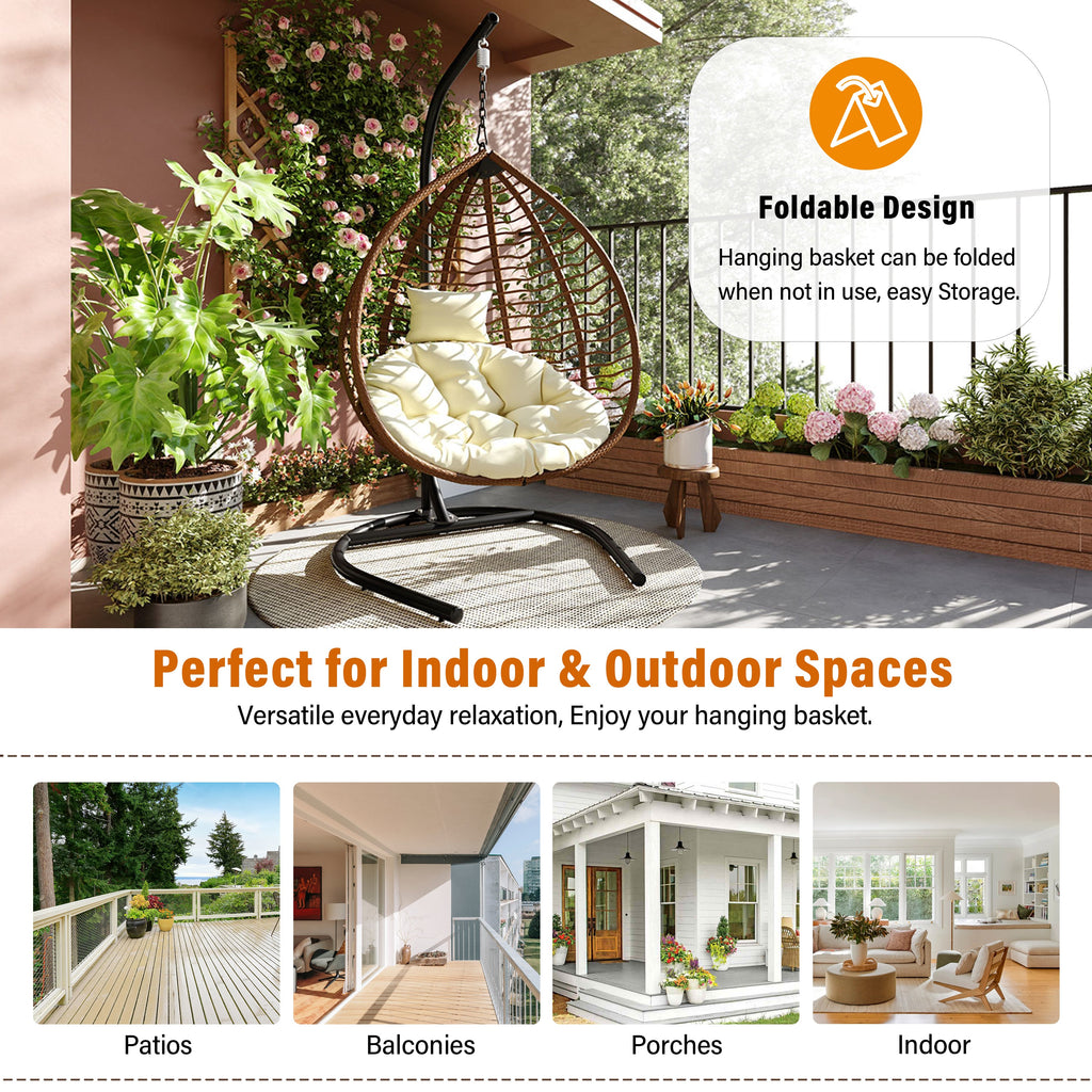 Foldable Rattan Egg Swing Chair with Iron Frame, Plush Cushion & Removable Headrest