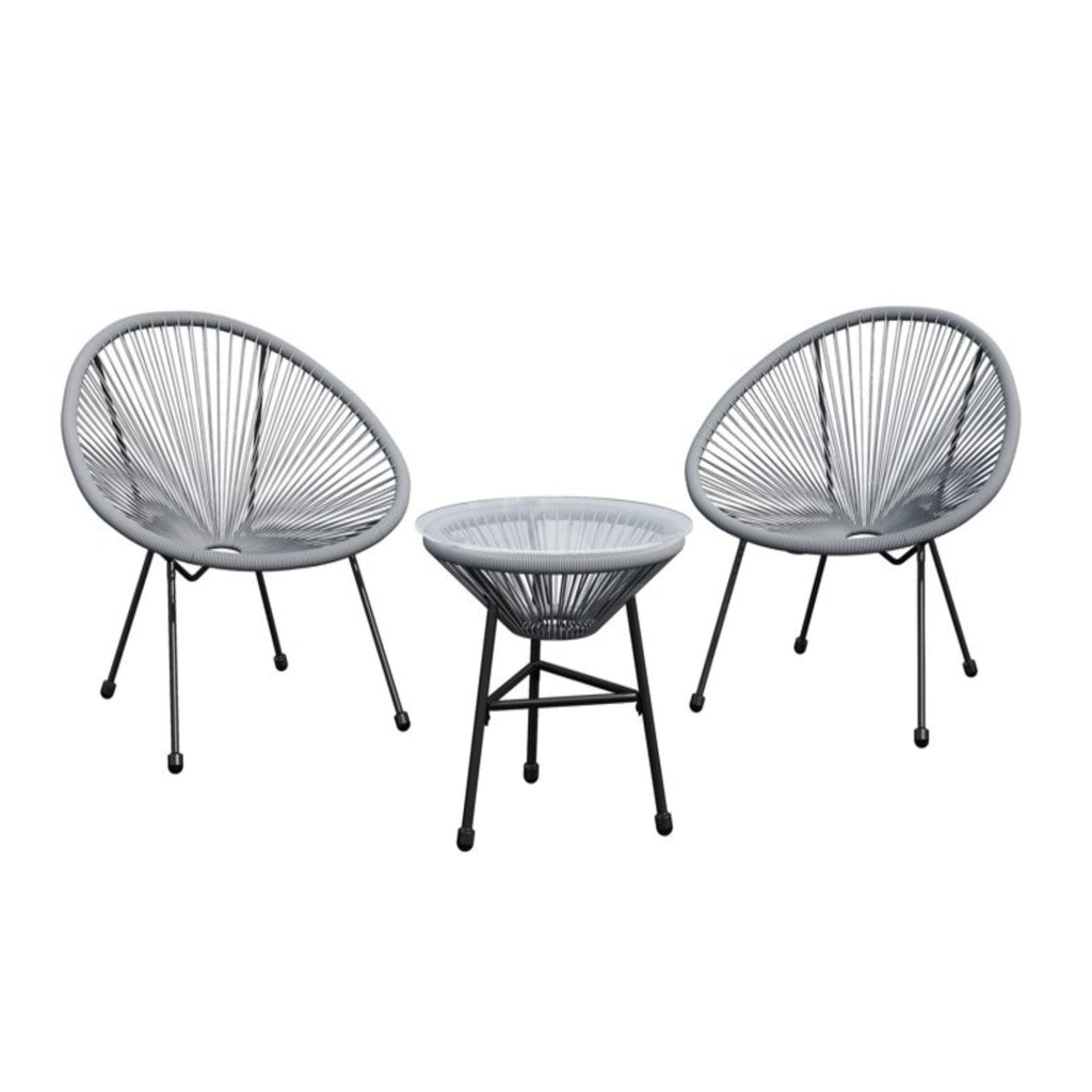 Acapulco-Style 3-Piece Patio Bistro Set with Gray PE Rattan Chairs & Tempered Glass Table
