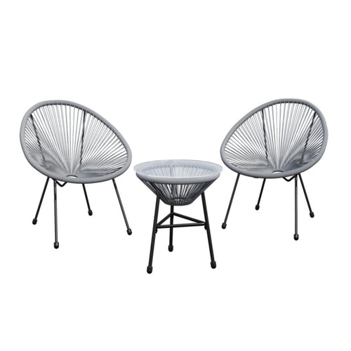 Acapulco-Style 3-Piece Patio Bistro Set with Gray PE Rattan Chairs & Tempered Glass Table