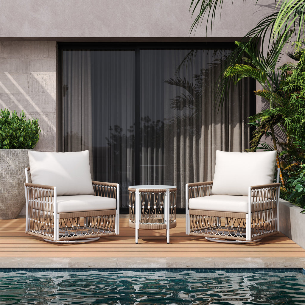 Caspian 3-Piece Outdoor Handwoven Rope Conversation Set with Swivel Chairs