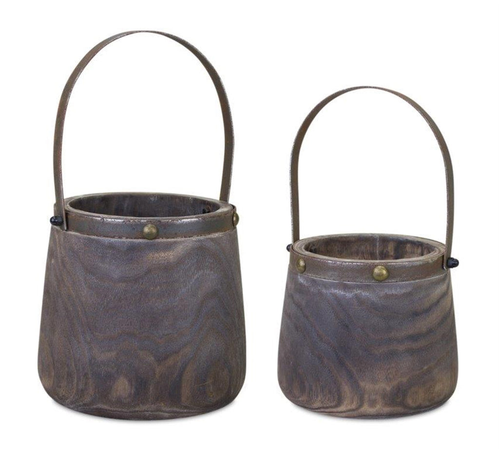 Dark Wooden Pail Planter with Metal Handle Accent, Set of 2
