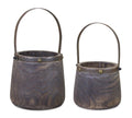 Dark Wooden Pail Planter with Metal Handle Accent, Set of 2