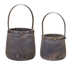 Dark Wooden Pail Planter with Metal Handle Accent, Set of 2