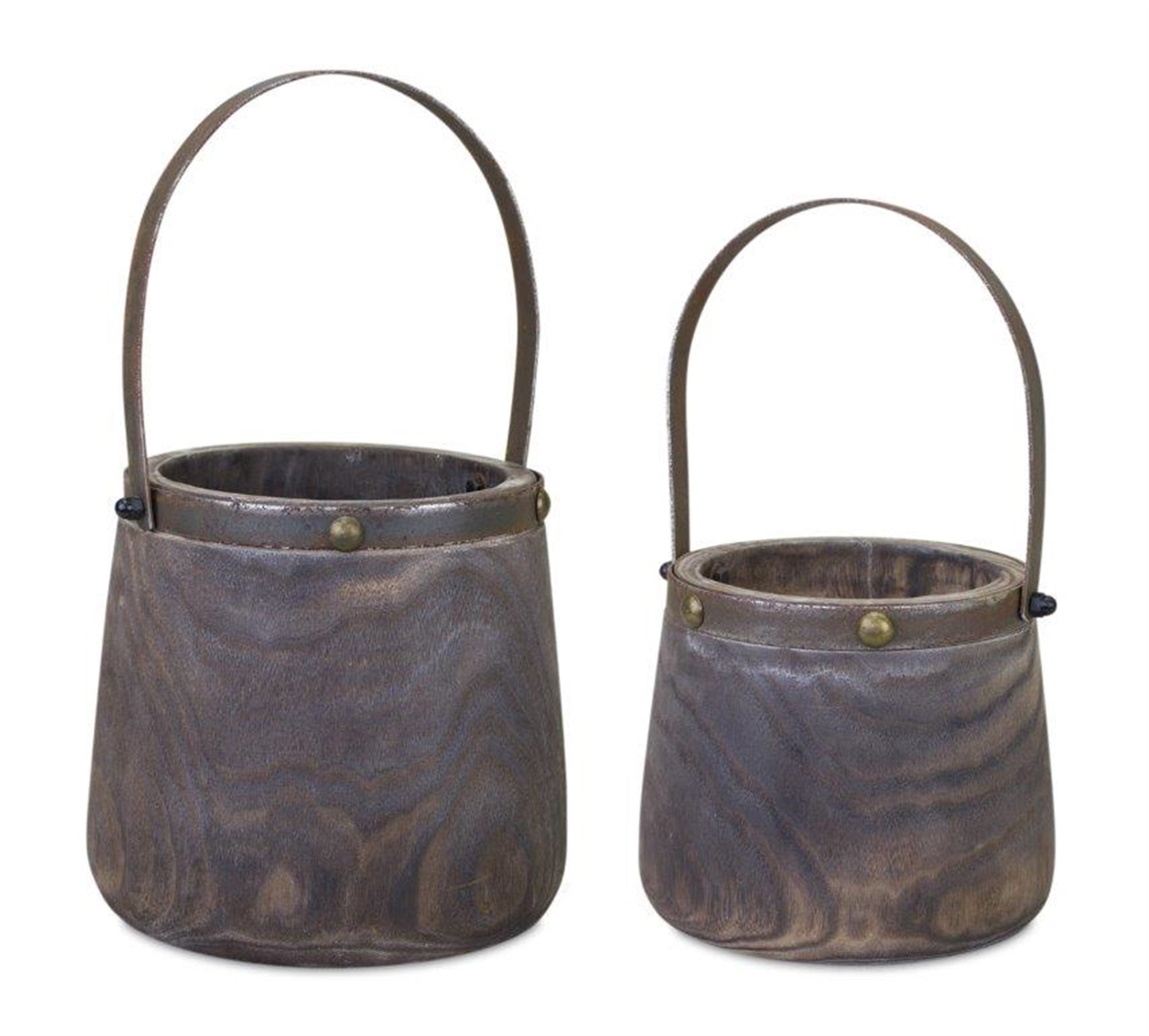 Dark Wooden Pail Planter with Metal Handle Accent, Set of 2