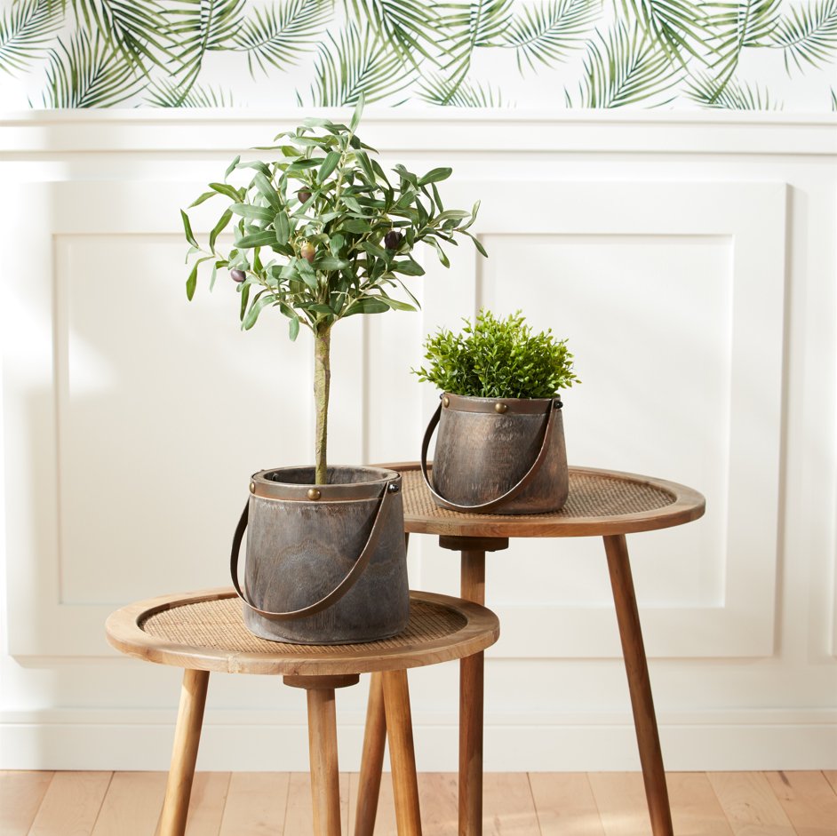 Dark Wooden Pail Planter with Metal Handle Accent, Set of 2