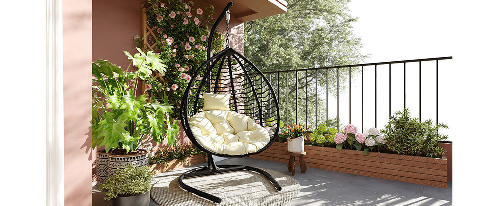 Foldable Rattan Egg Swing Chair with Iron Frame, Plush Cushion & Removable Headrest