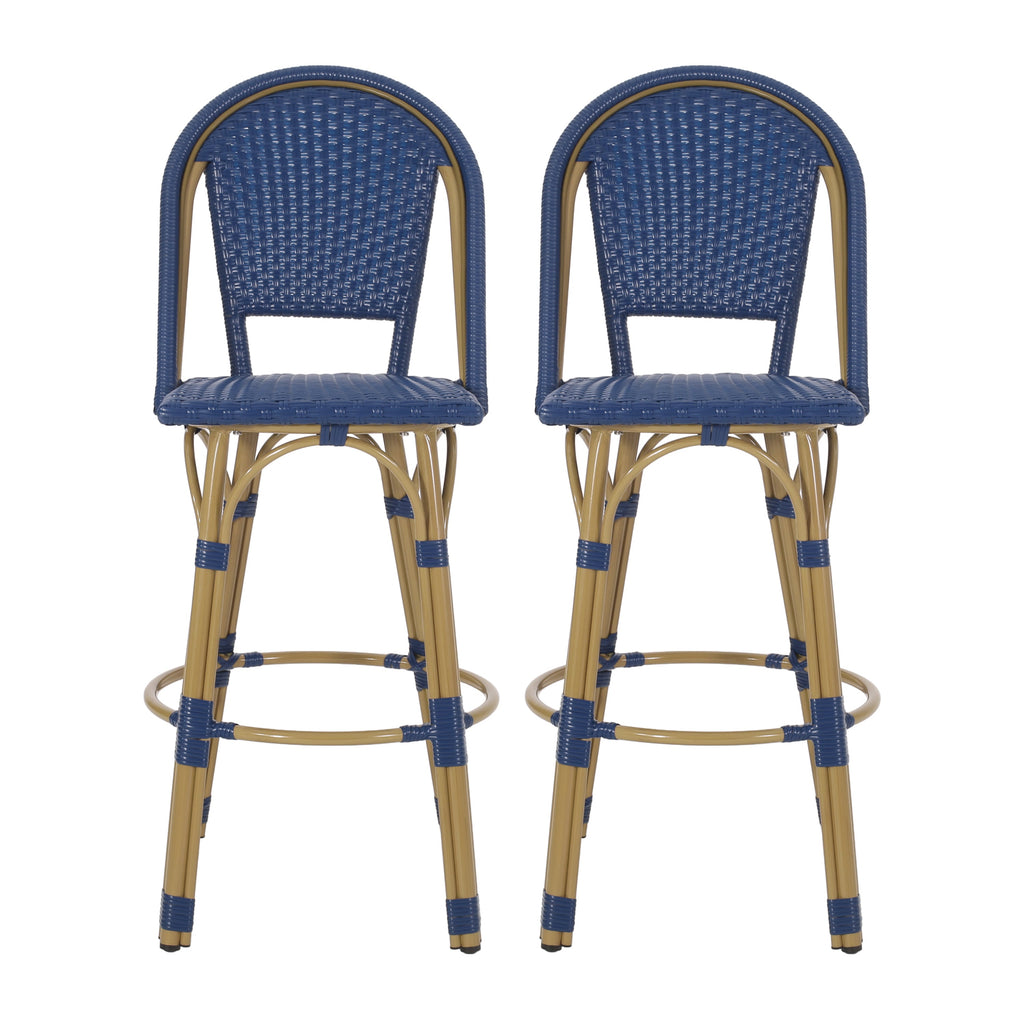Callisto 29.5" Outdoor Rattan and Aluminum Bar Stool with Curved Back and Footrest