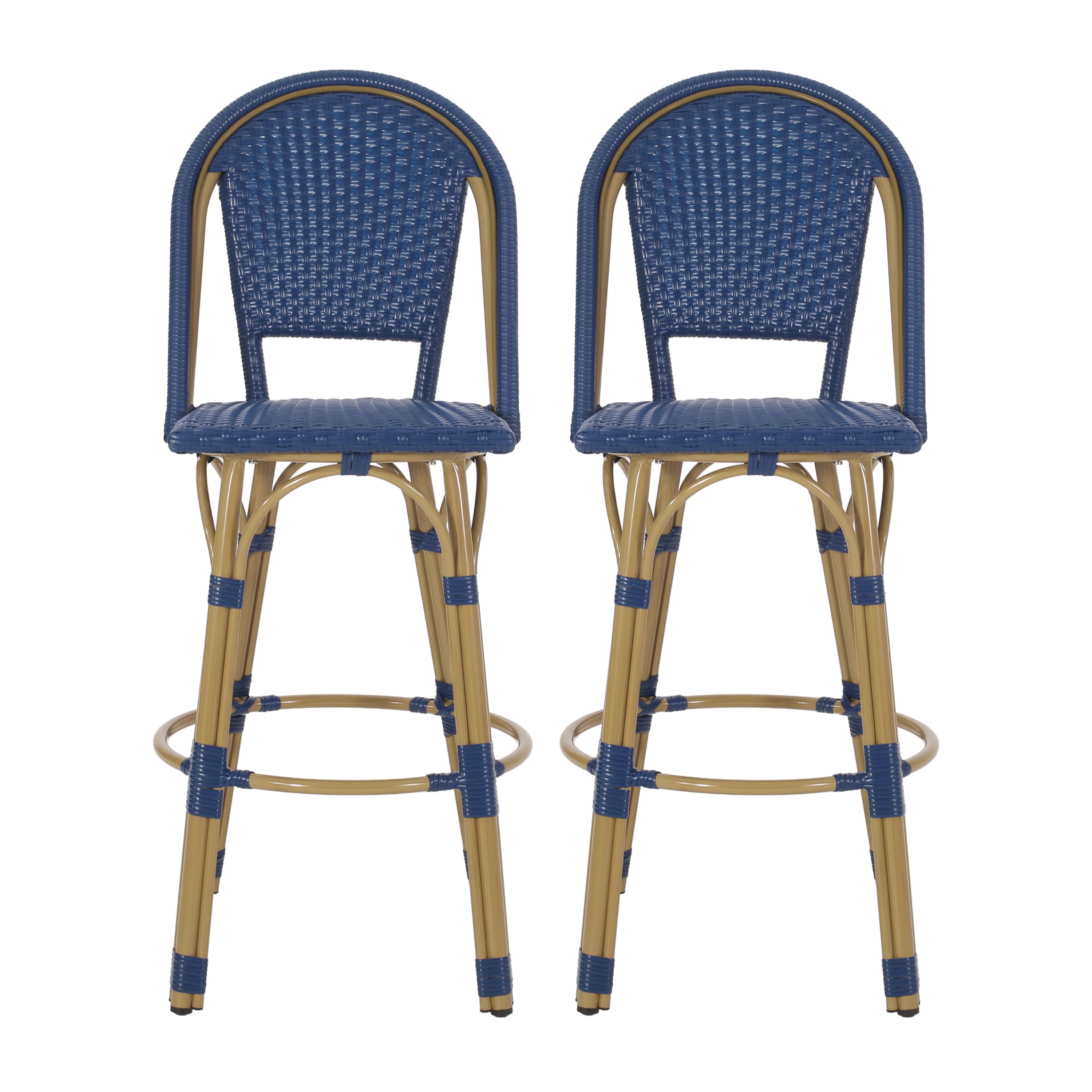 Callisto 29.5" Outdoor Rattan and Aluminum Bar Stool with Curved Back and Footrest
