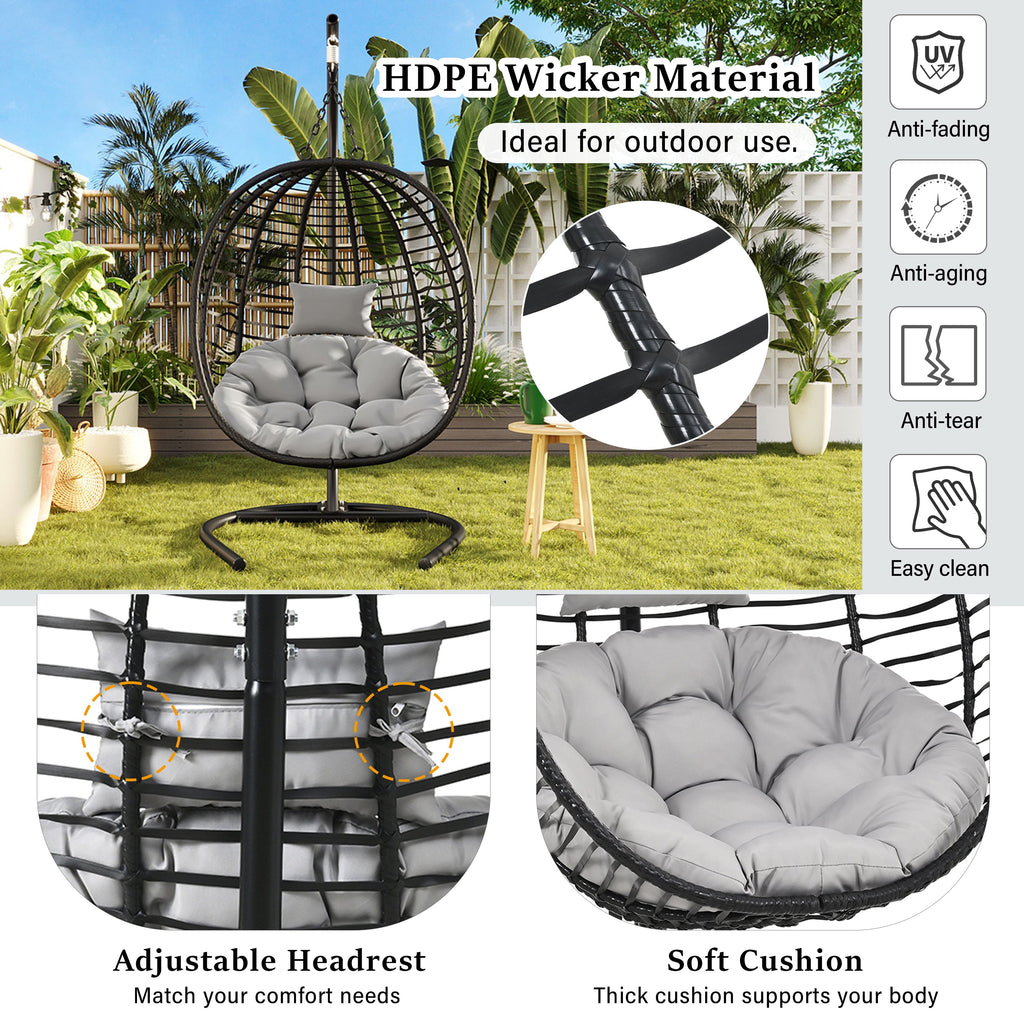 Folding Hanging Swinging Egg Chair with Stand & Tufted Cushion