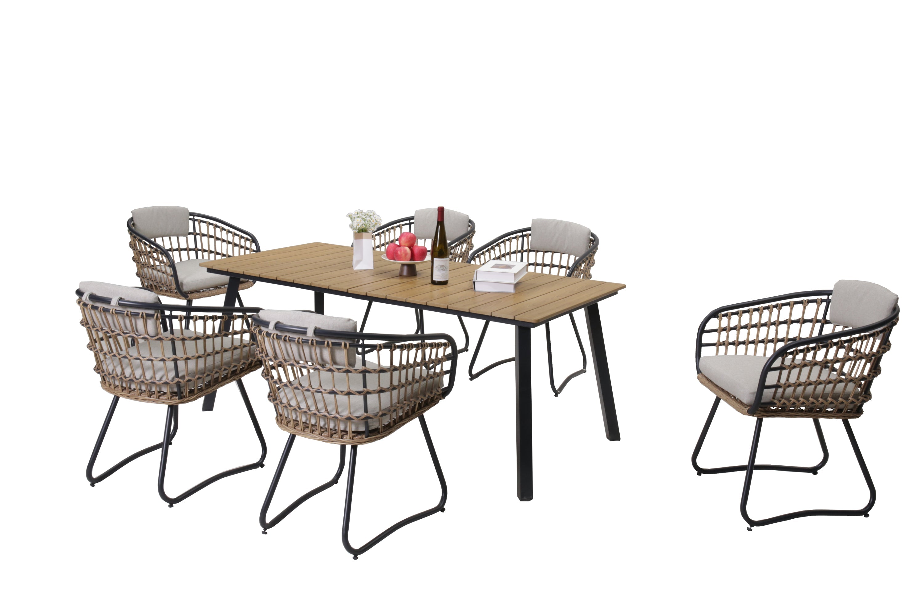 Maristella 7 Piece Outdoor Wicker Dining Set with Acacia Wood Table