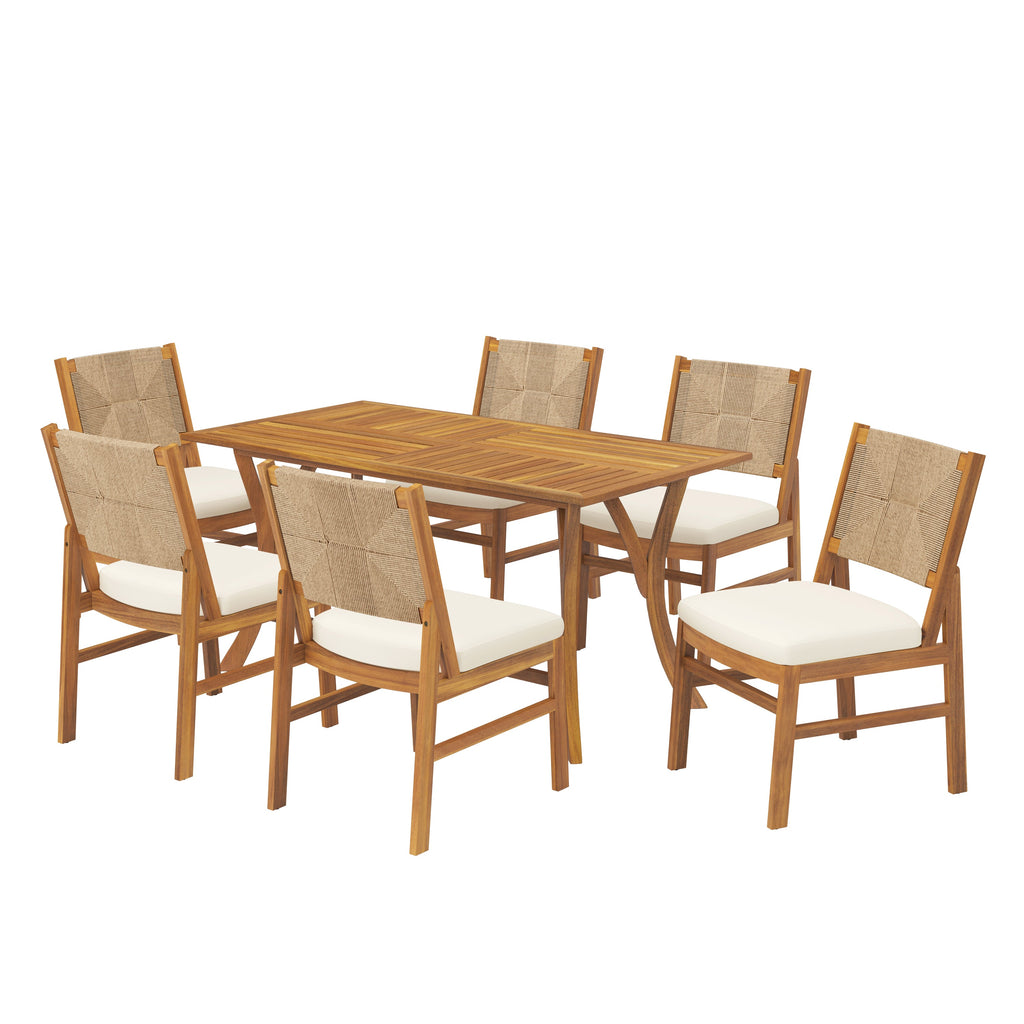Monica Outdoor Wood and Wicker Woven 7 Piece Dining Set