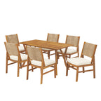 Monica Outdoor Wood and Wicker Woven 7 Piece Dining Set