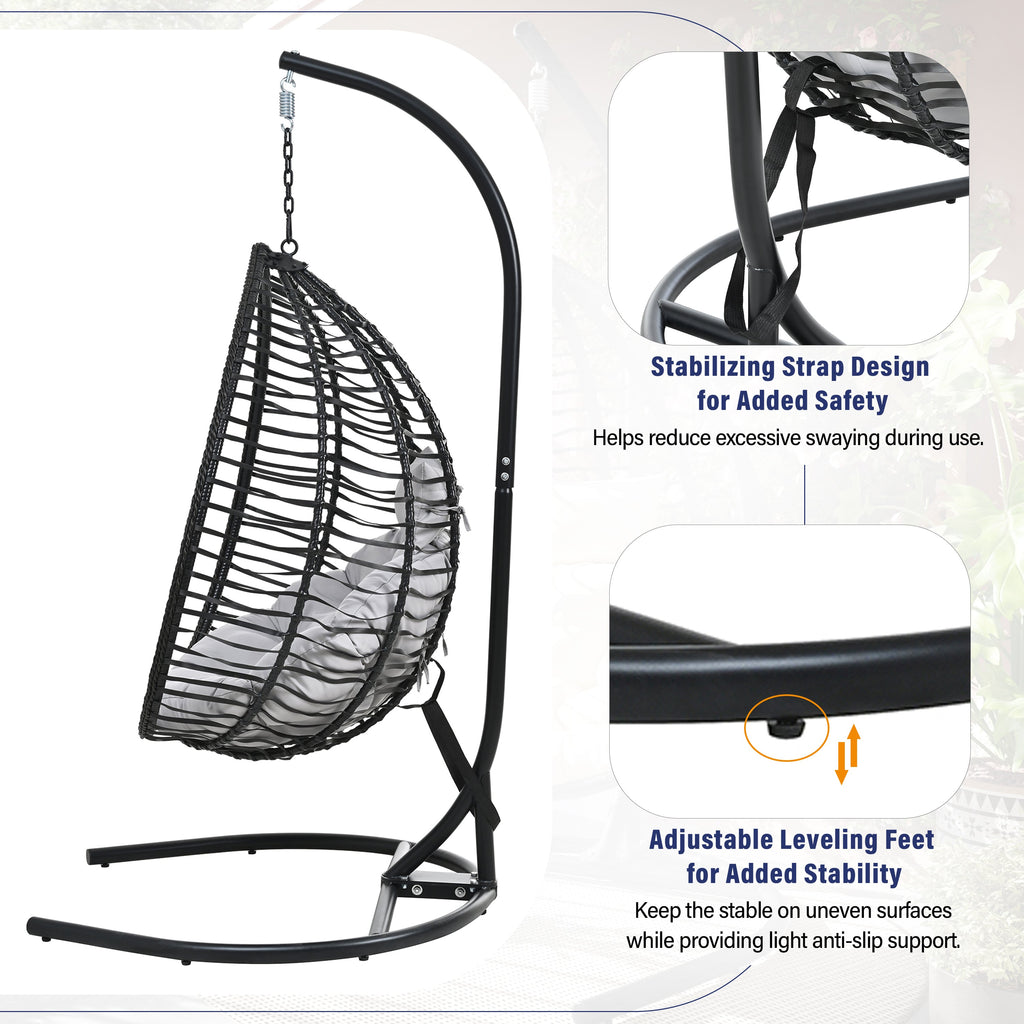 Foldable Rattan Egg Swing Chair with Iron Frame, Plush Cushion & Removable Headrest