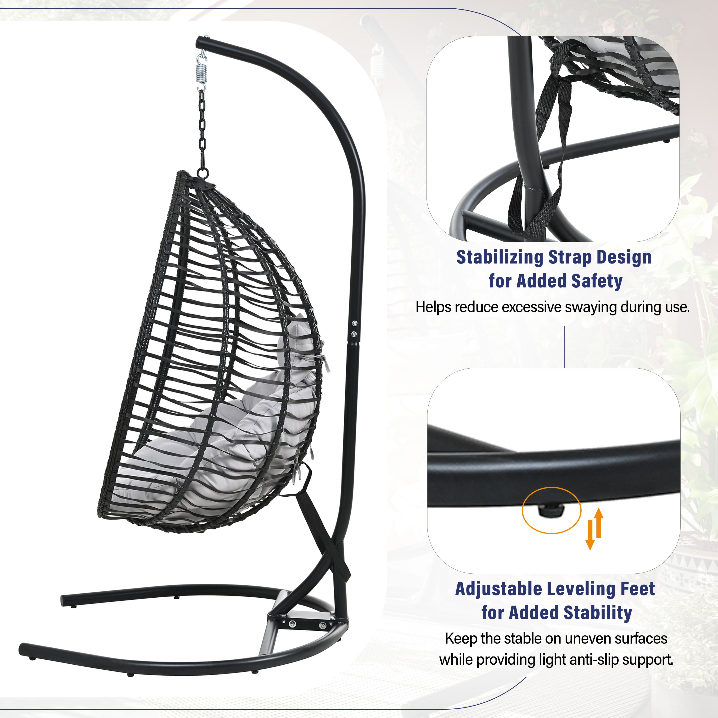 Foldable Rattan Egg Swing Chair with Iron Frame, Plush Cushion & Removable Headrest