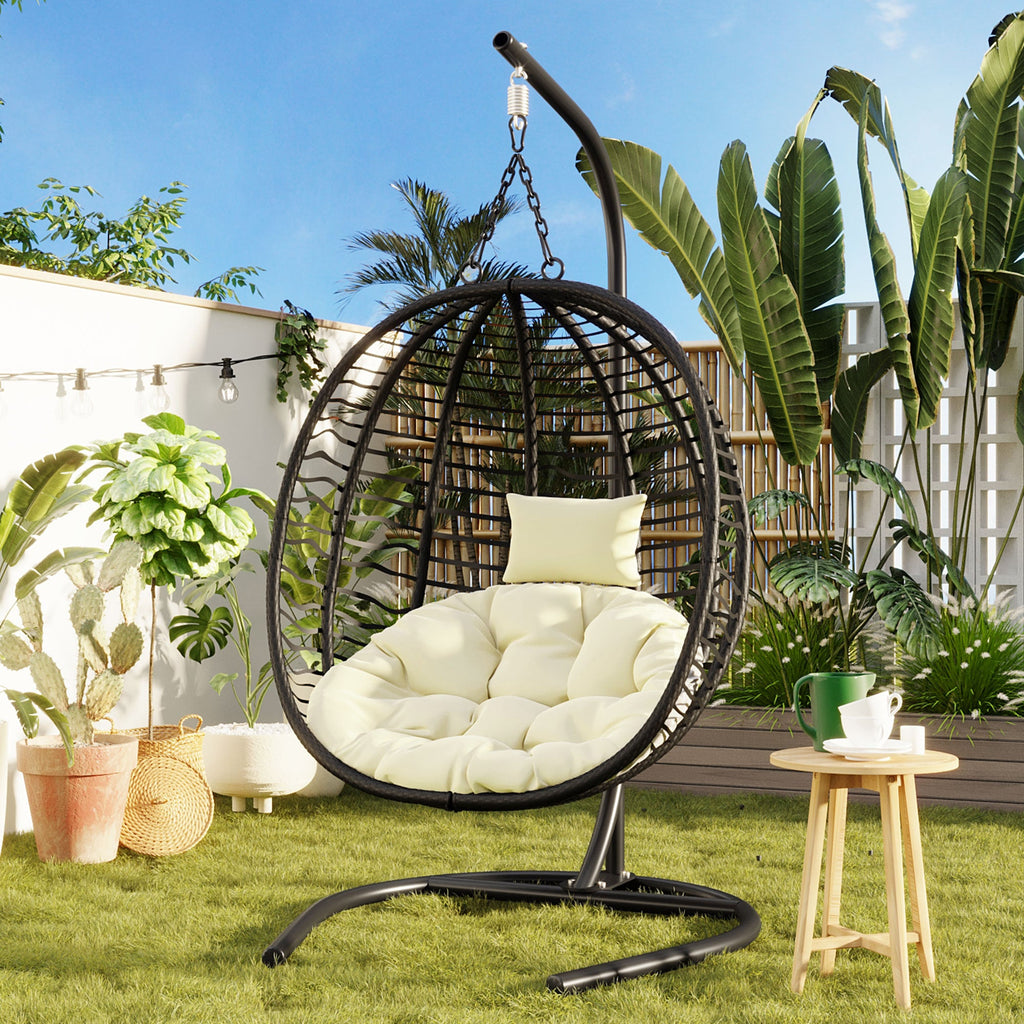 Folding Hanging Swinging Egg Chair with Stand & Tufted Cushion