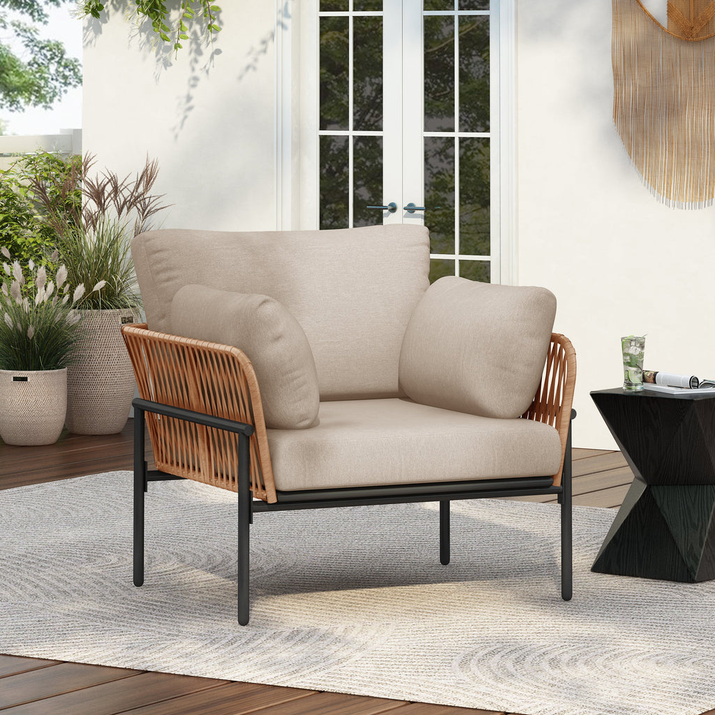 Brisa Outdoor Modern Iron Lounge Chair with Rope Weave