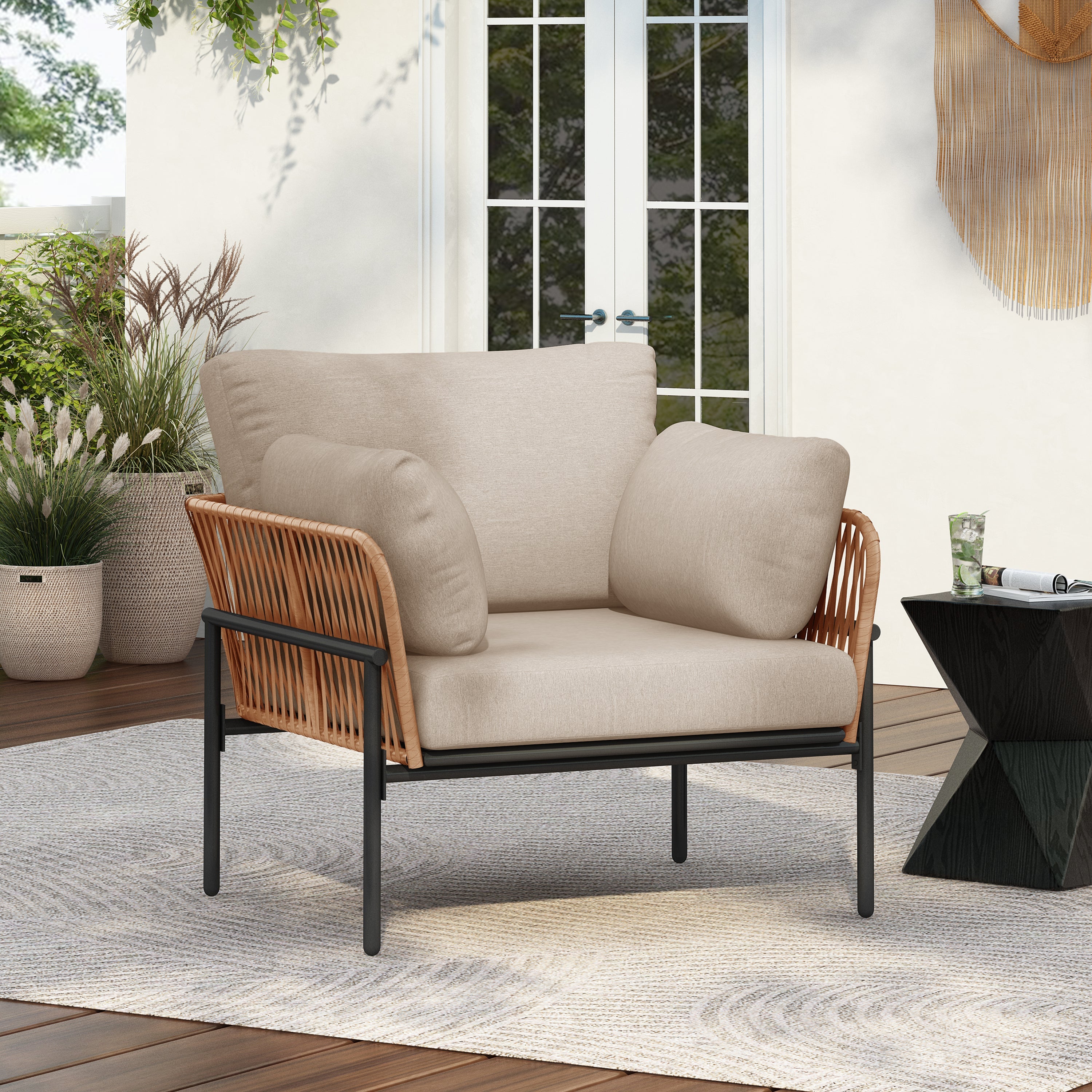Brisa Outdoor Modern Iron Lounge Chair with Rope Weave
