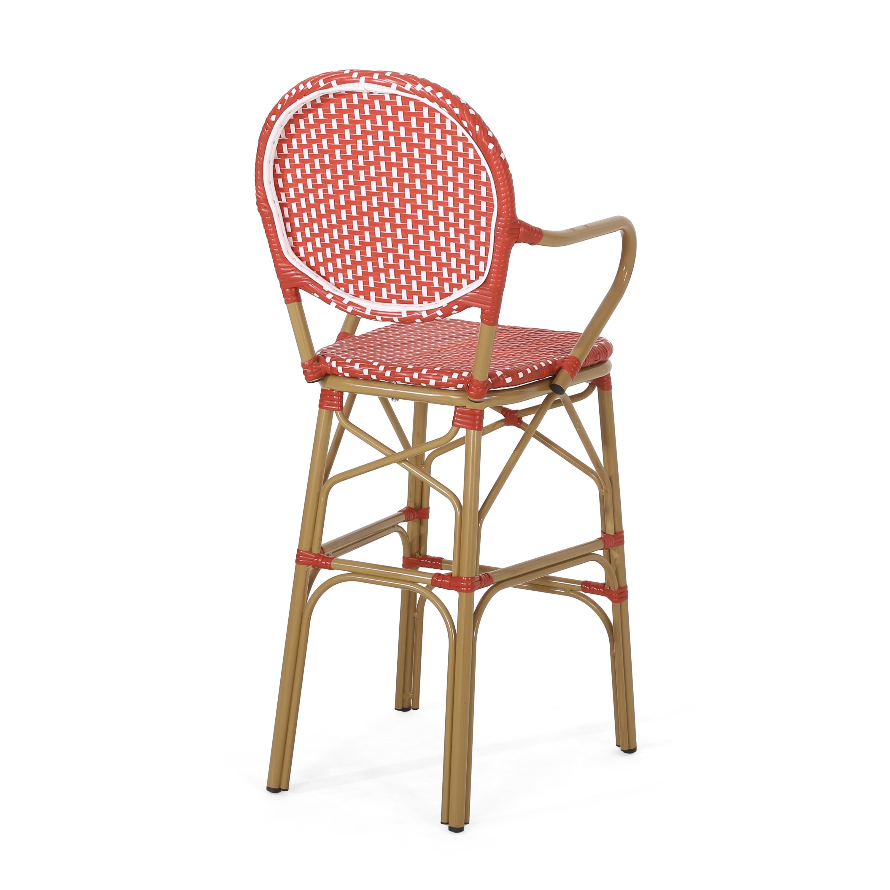 Valorous Outdoor Wicker Bar Stool with Round Back and Curved Arms, Set of 2