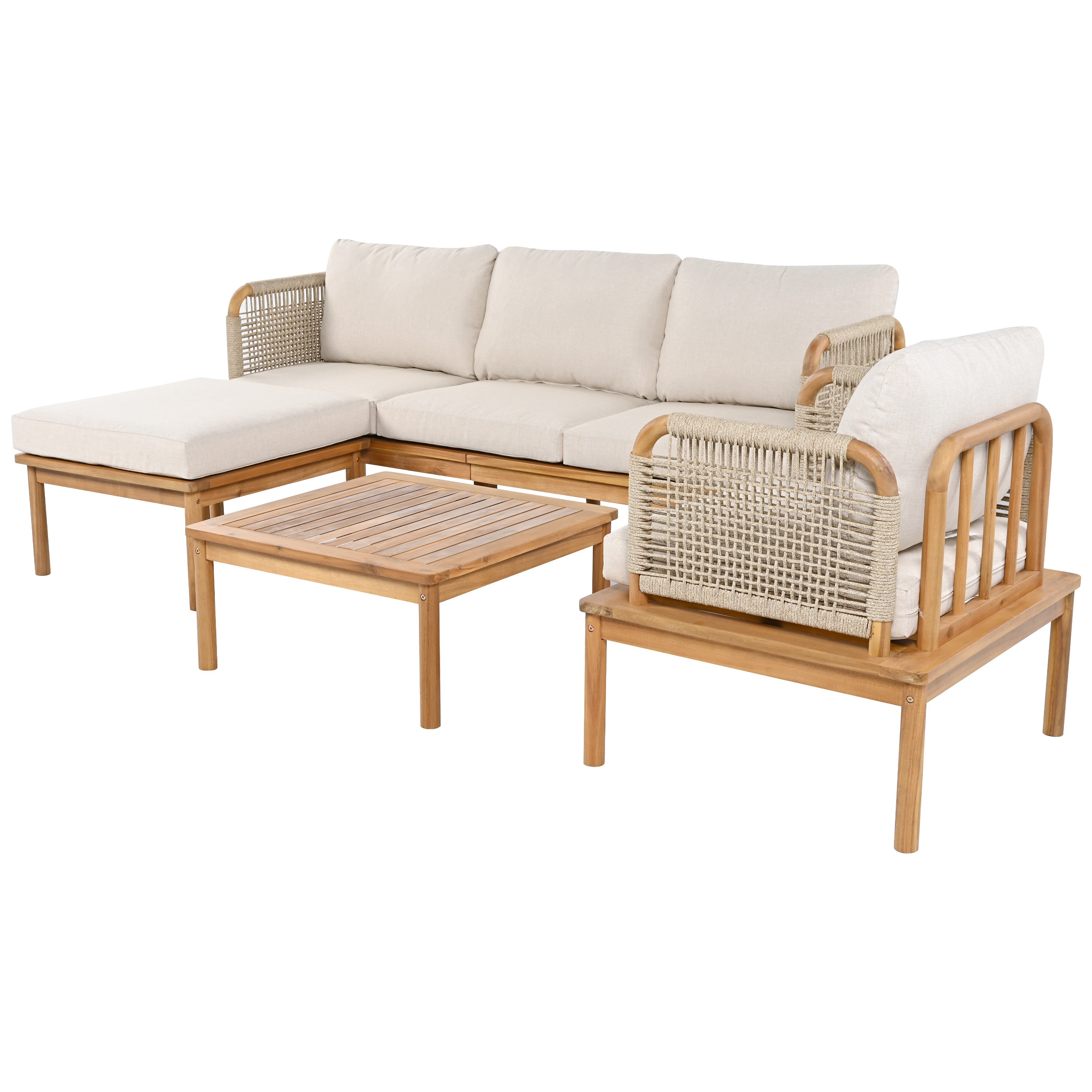 Isola Outdoor 4 Piece Acacia Wood and Rope Patio Sofa Set
