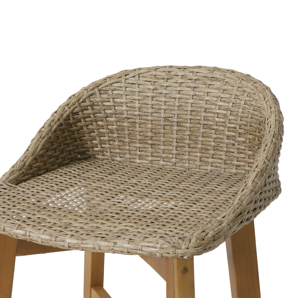 Beeson Outdoor Wicker and Acacia Wood Barstools, Set of 2