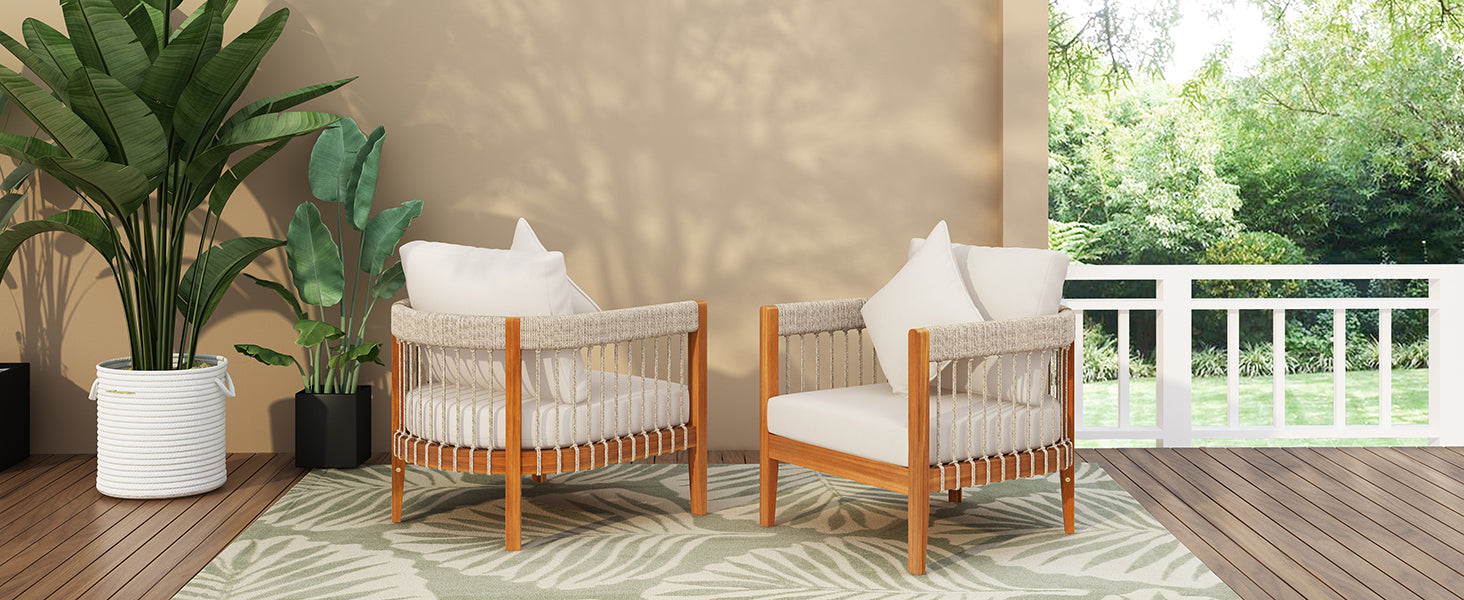 Azari Outdoor Acacia Wood Club Chair with Handwoven Rope Accents & Curved Backrest