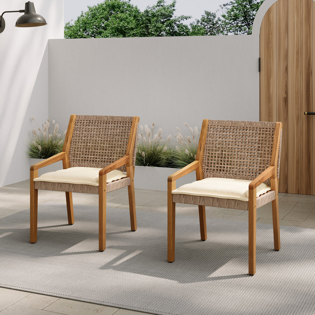 Capri Outdoor Acacia Wood & Wicker Dining Chairs with Cream Cushion, Set of 2