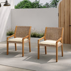 Capri Outdoor Acacia Wood & Wicker Dining Chairs with Cream Cushion, Set of 2
