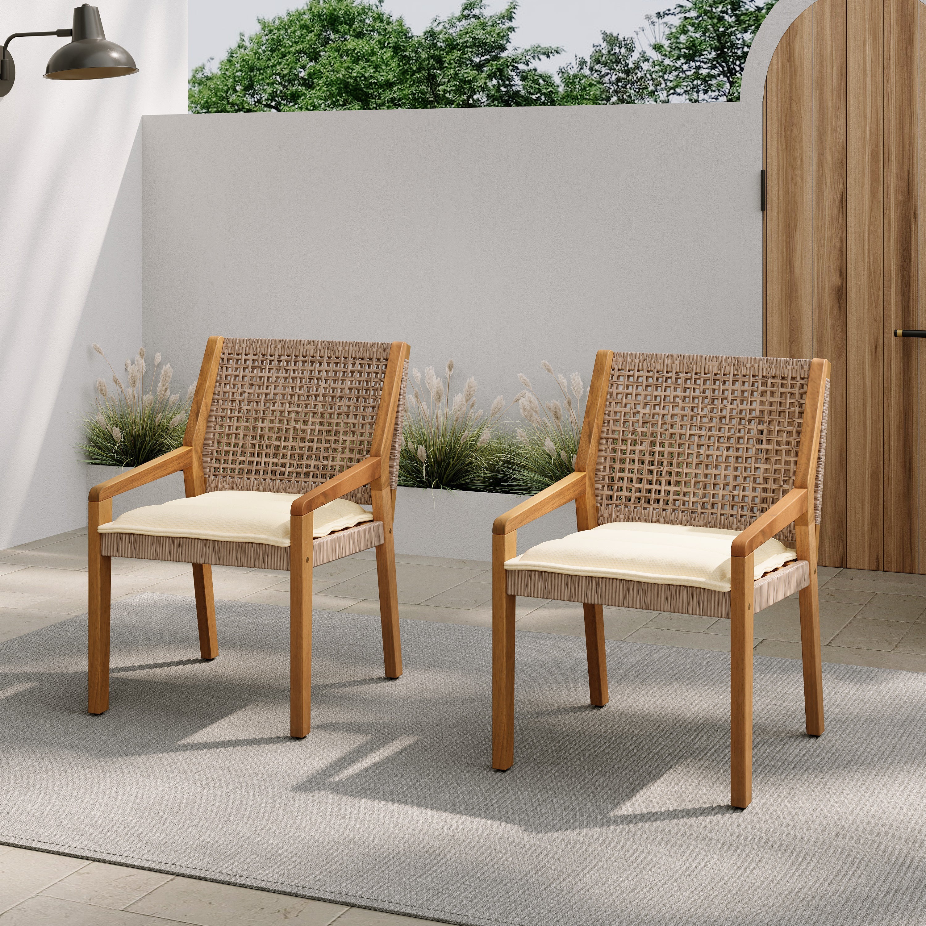 Capri Outdoor Acacia Wood & Wicker Dining Chairs with Cream Cushion, Set of 2