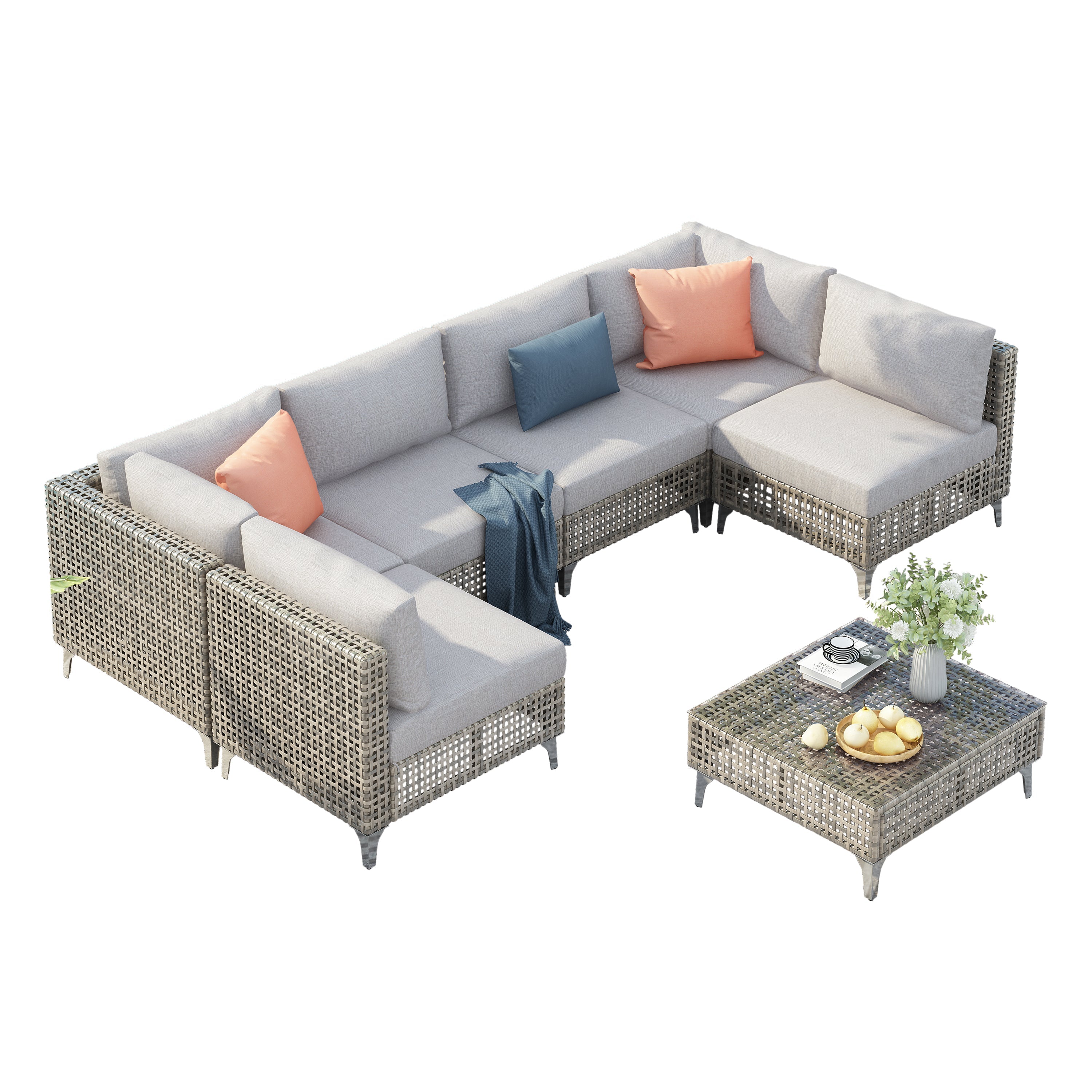 7-Piece Outdoor Wicker Sectional Sofa with Water Resistant Cushions and Coffee Table