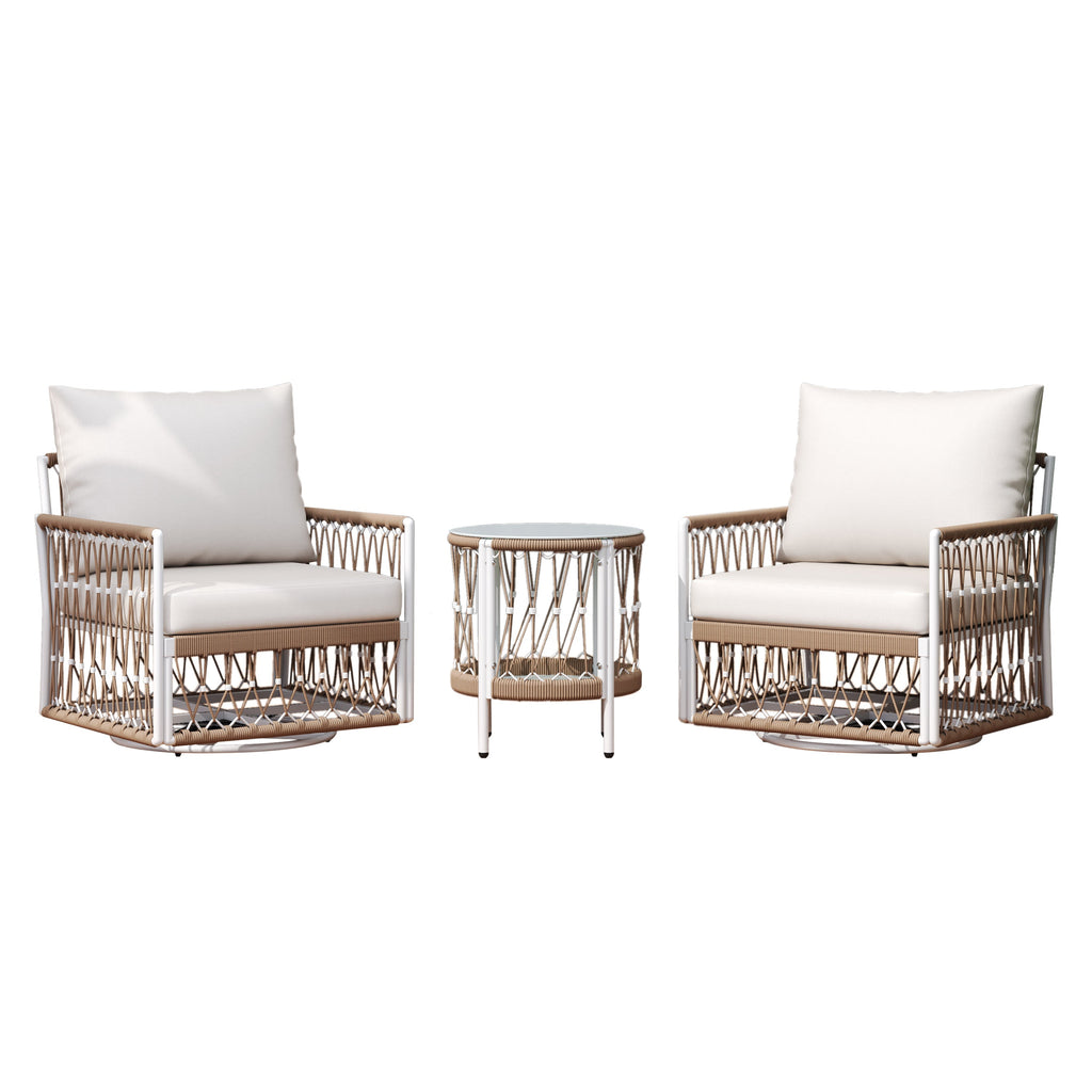 Caspian 3-Piece Outdoor Handwoven Rope Conversation Set with Swivel Chairs