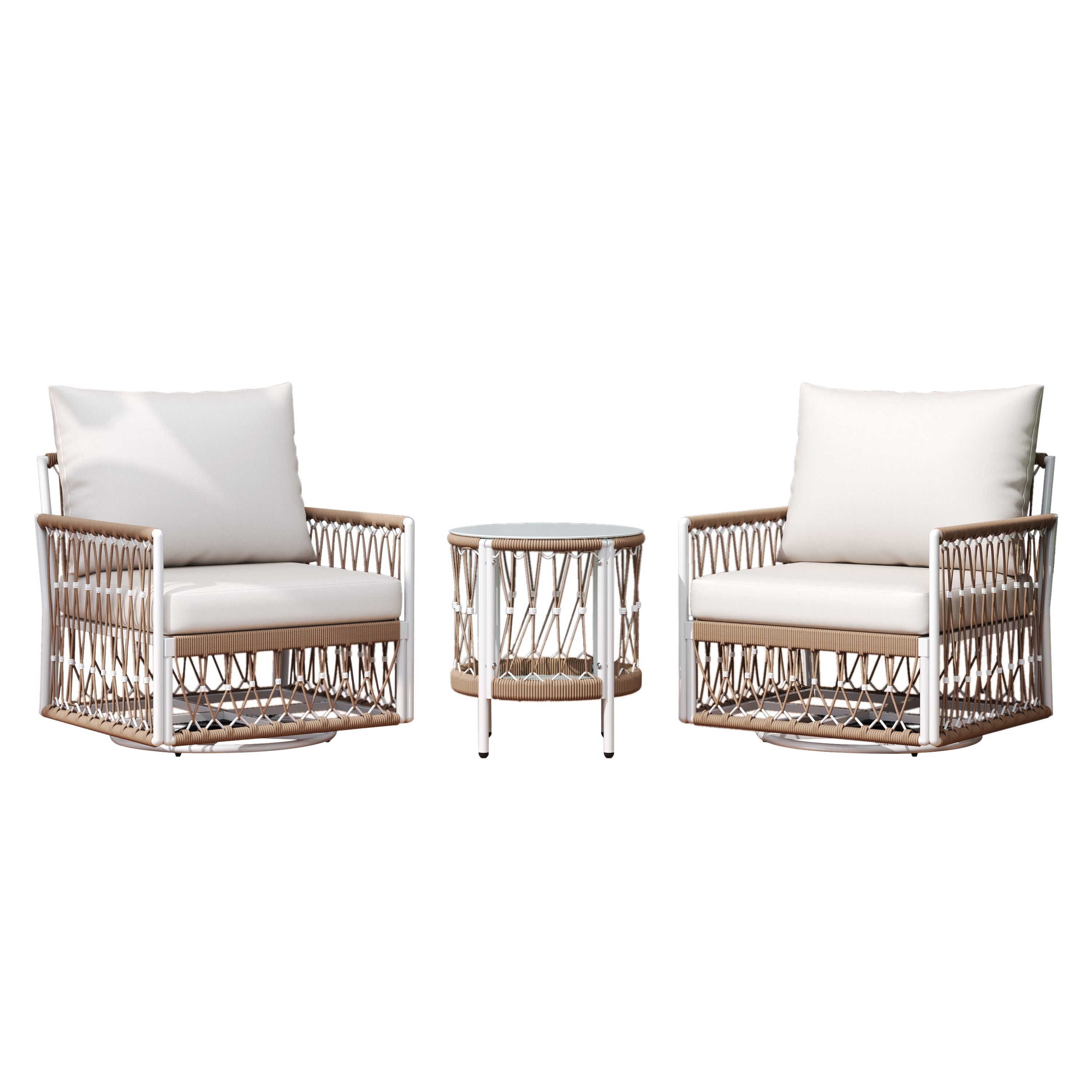 Caspian 3-Piece Outdoor Handwoven Rope Conversation Set with Swivel Chairs