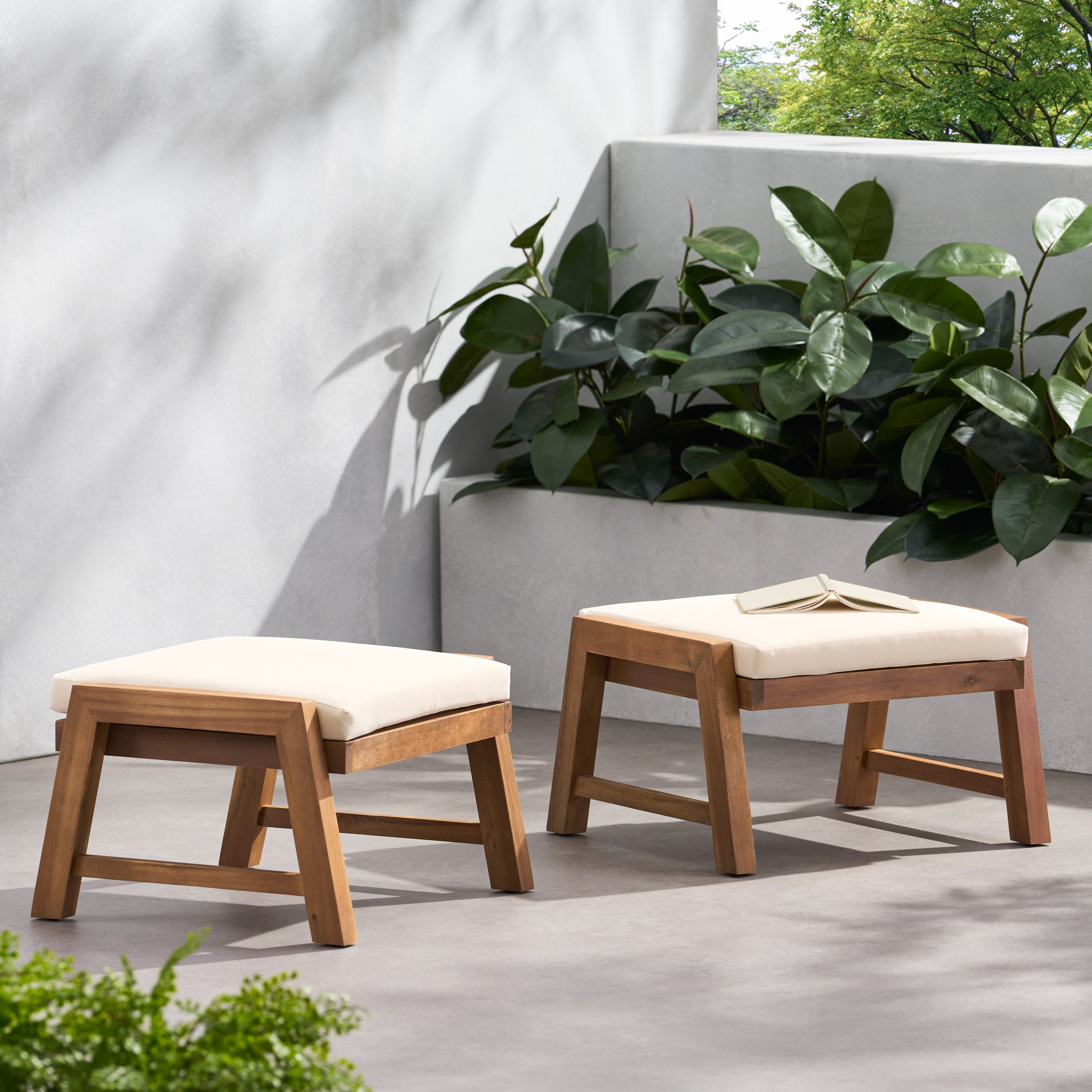 Brixton Acacia Wood Outdoor Ottomans with Cushion, Set of 2