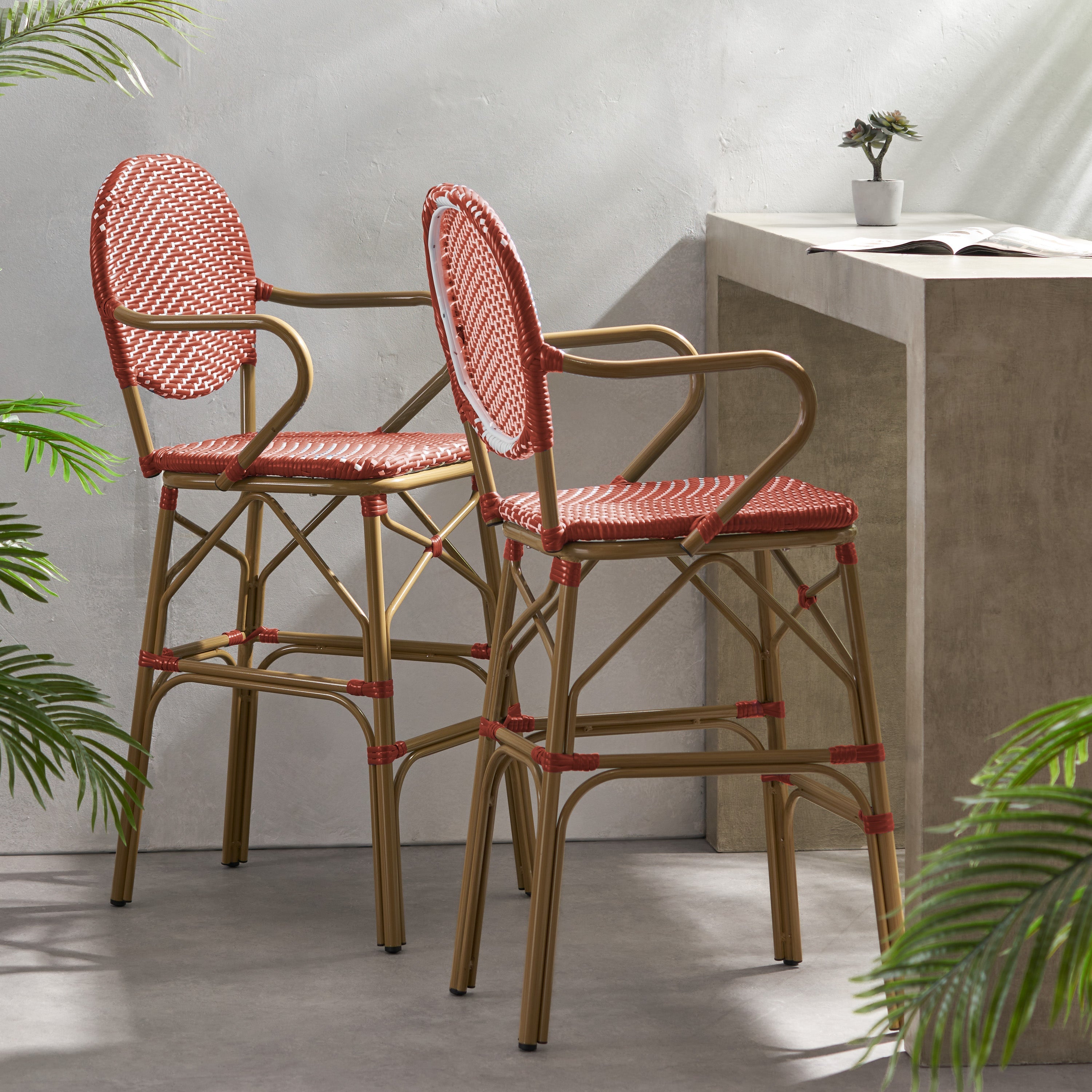 Valorous Outdoor Wicker Bar Stool with Round Back and Curved Arms, Set of 2