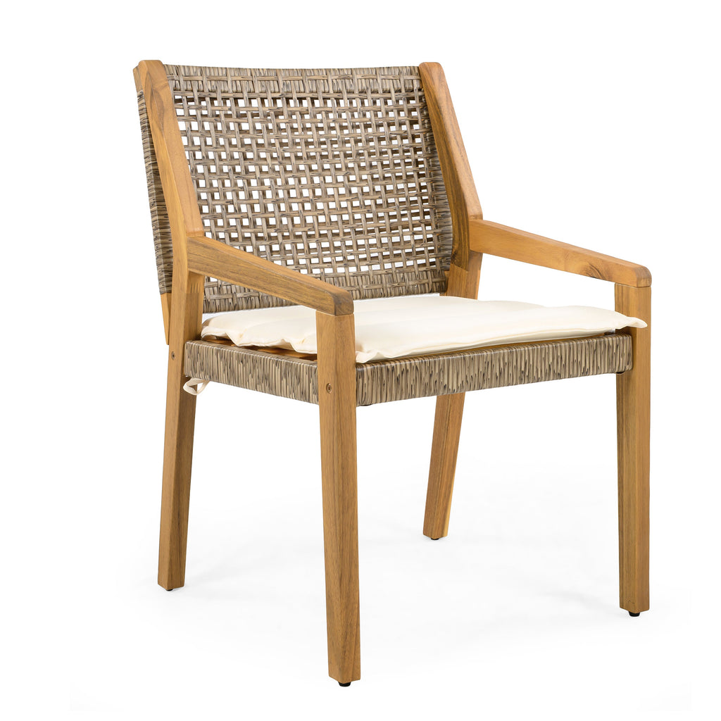 Capri Outdoor Acacia Wood & Wicker Dining Chairs with Cream Cushion, Set of 2