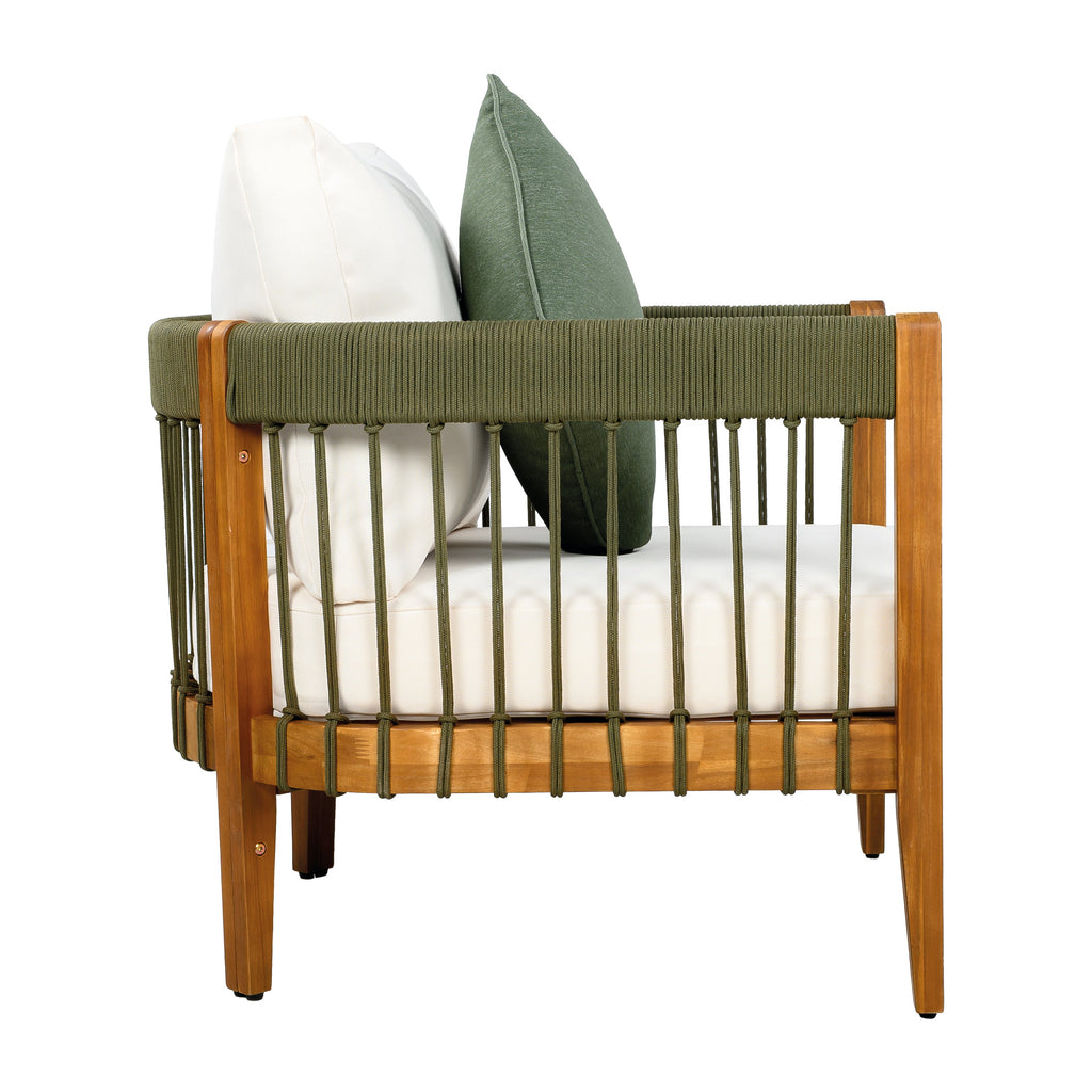 Azari Outdoor Acacia Wood Club Chair with Handwoven Rope Accents & Curved Backrest