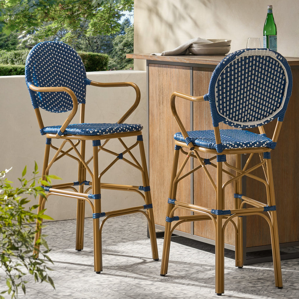 Valorous Outdoor Wicker Bar Stool with Round Back and Curved Arms, Set of 2