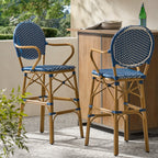 Valorous Outdoor Wicker Bar Stool with Round Back and Curved Arms, Set of 2
