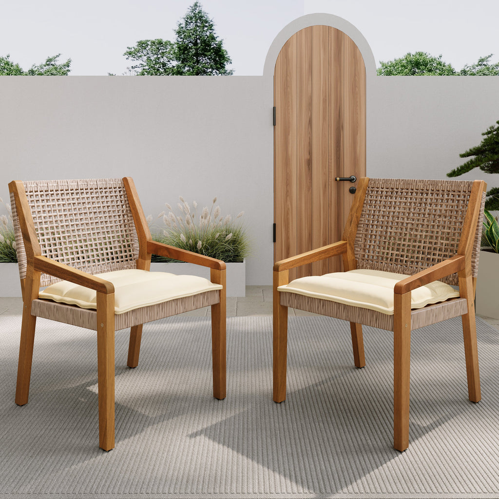 Capri Outdoor Acacia Wood & Wicker Dining Chairs with Cream Cushion, Set of 2
