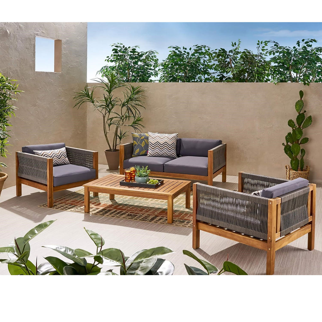 Laurel Outdoor Acacia Wood and Rope Chat Set