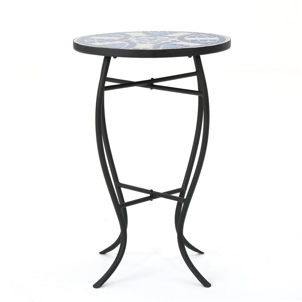 Outdoor Round End Table with Mosaic-Style Top and Curved Iron Legs