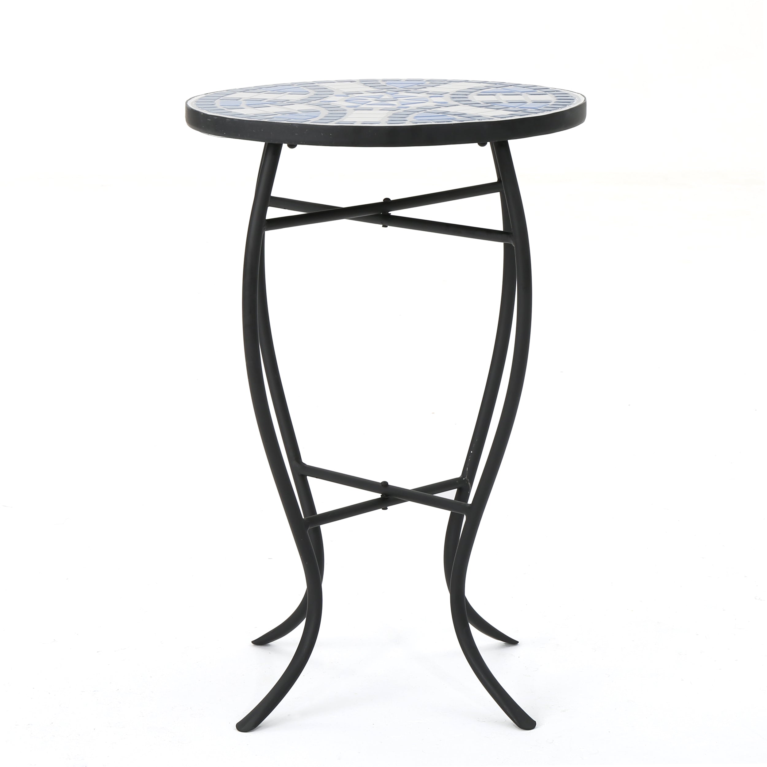Outdoor Round End Table with Mosaic-Style Top and Curved Iron Legs