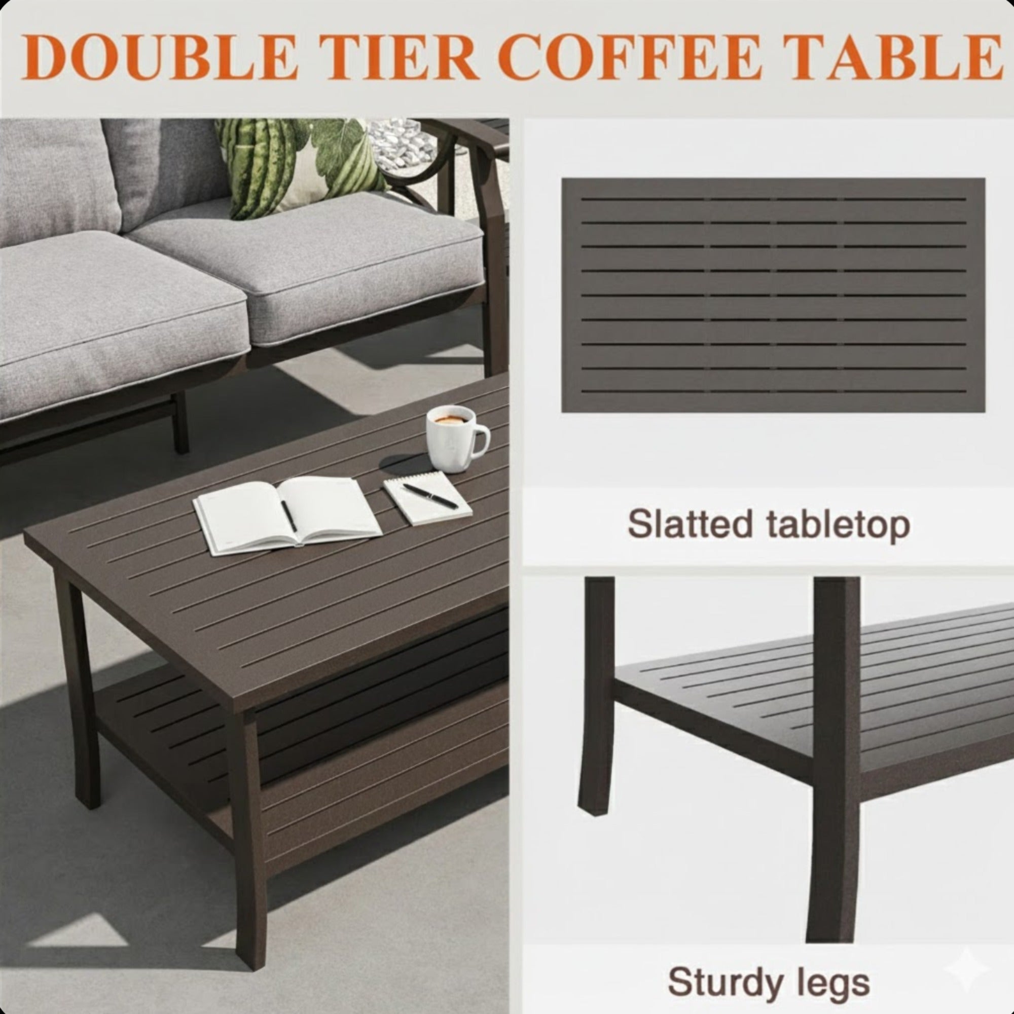 Marisol 2 Piece Outdoor Patio Set, 70" All-Weather Metal 3-Seat Sofa and Coffee Table