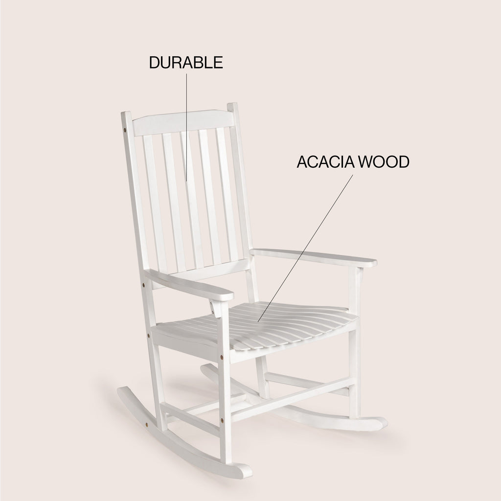 Seagrove Slat-Back Acacia Wood Outdoor Rocking Chair, White