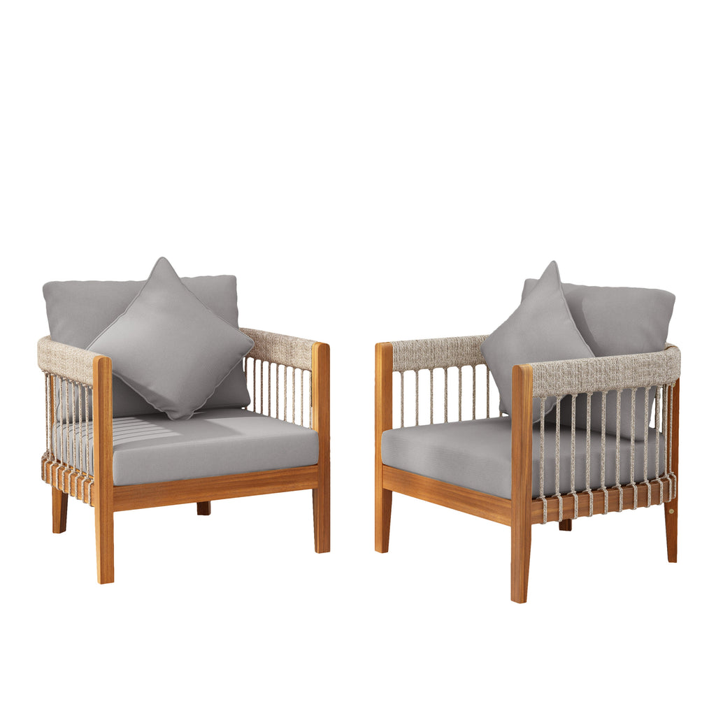 Azari Outdoor Acacia Wood Club Chair with Handwoven Rope Accents & Curved Backrest