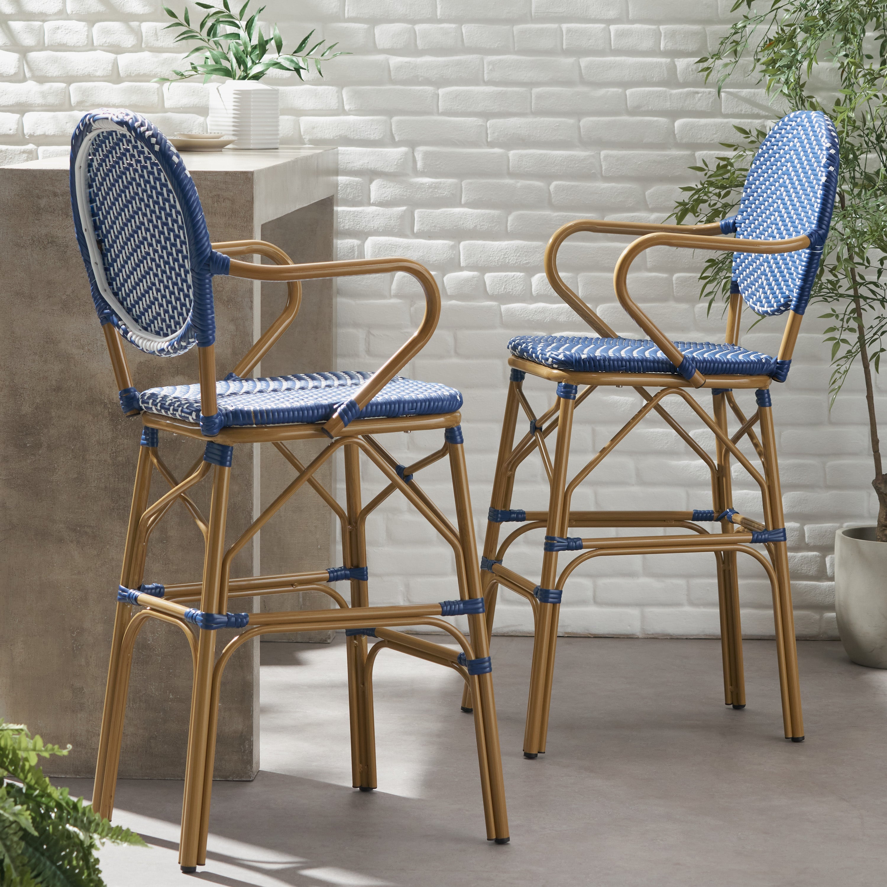 Valorous Outdoor Wicker Bar Stool with Round Back and Curved Arms, Set of 2