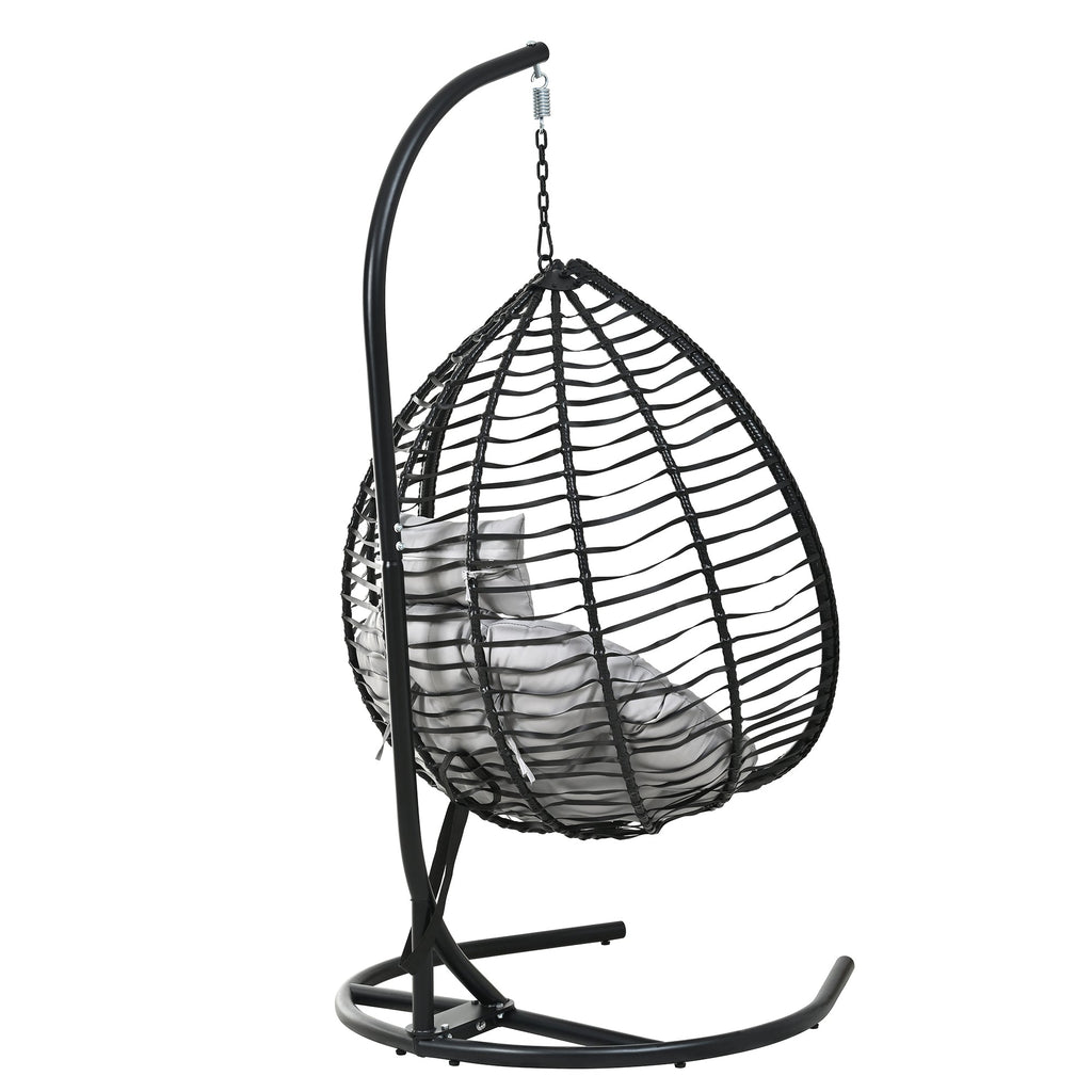Foldable Rattan Egg Swing Chair with Iron Frame, Plush Cushion & Removable Headrest