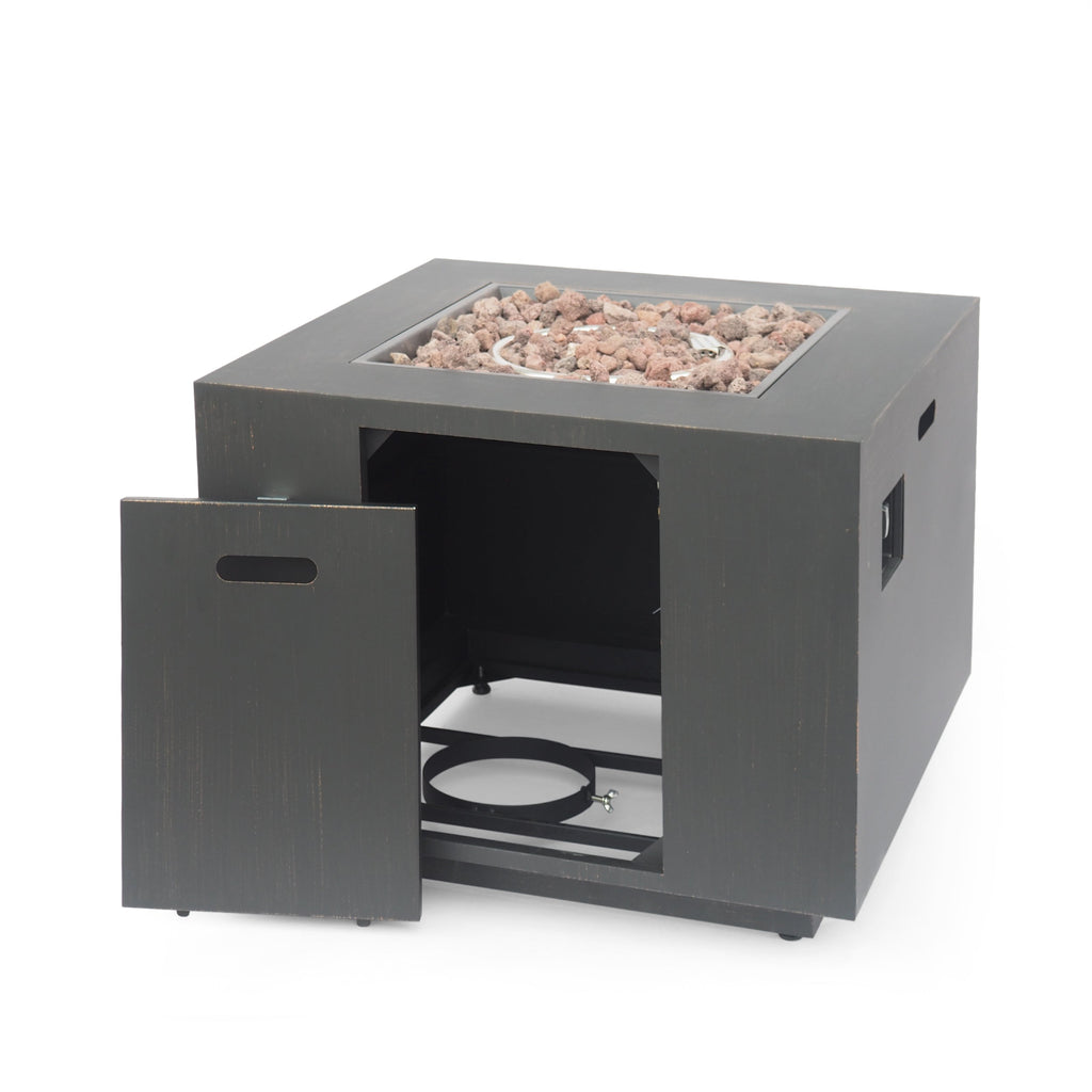 33" Outdoor Iron Square Propane Fire Pit, Tank Inside, 50,000 BTU
