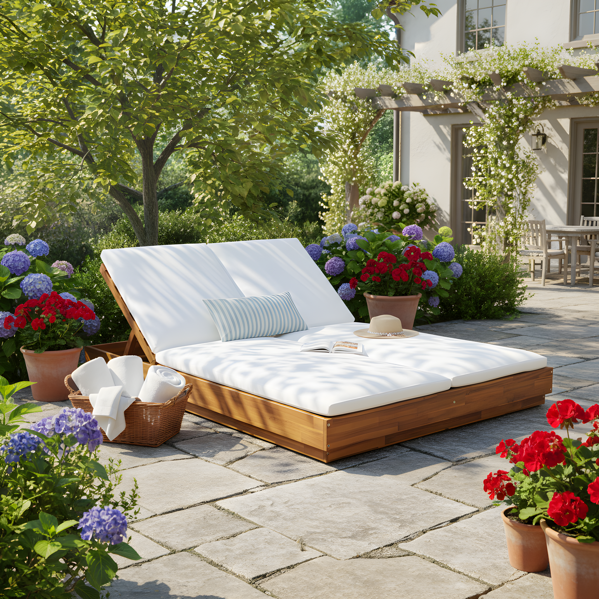 Adjustable Acacia Wood Low-Profile Double Sunlounge with Cushion