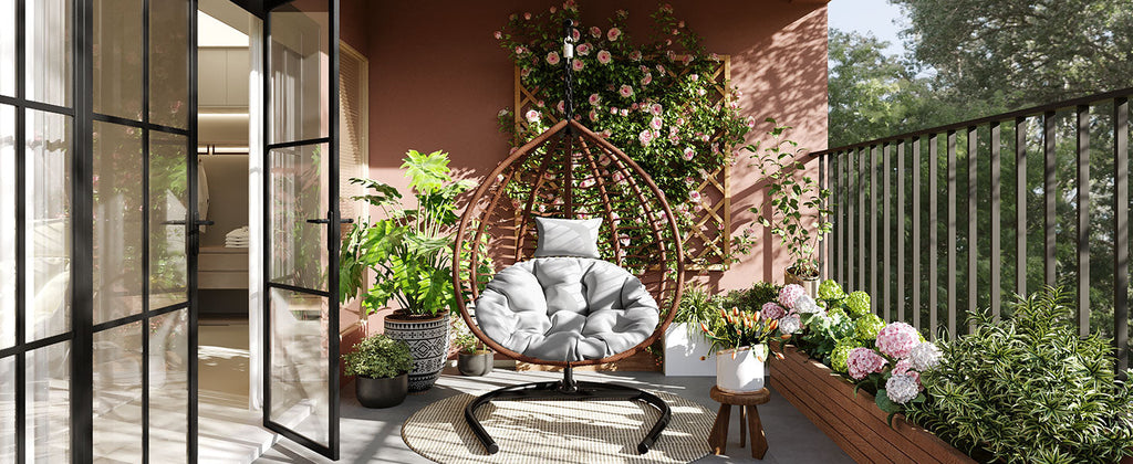 Foldable Rattan Egg Swing Chair with Iron Frame, Plush Cushion & Removable Headrest
