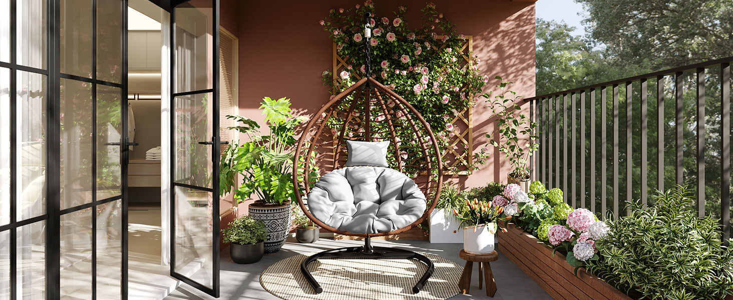 Foldable Rattan Egg Swing Chair with Iron Frame, Plush Cushion & Removable Headrest